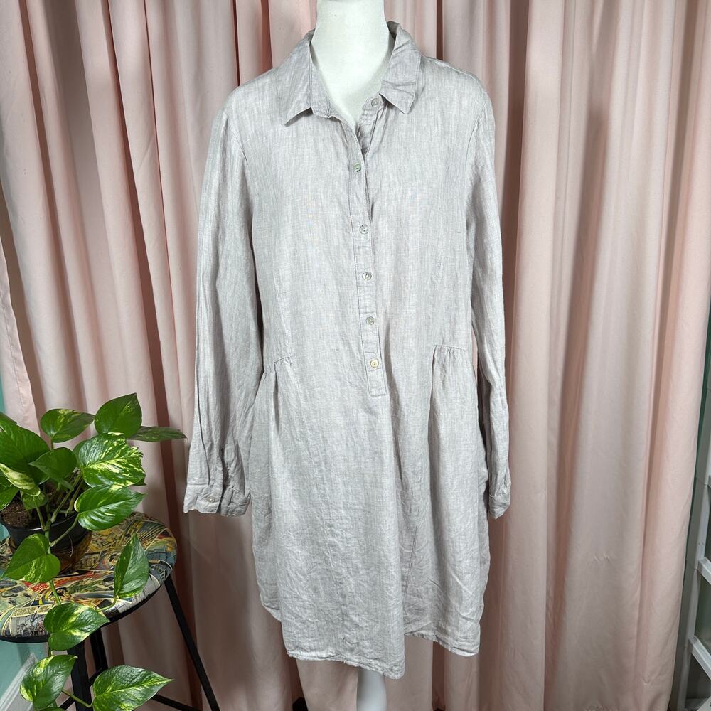 Beacon Cove Linen Tunic Dress Large Gray Long Sleeve Button Front Cottagecore